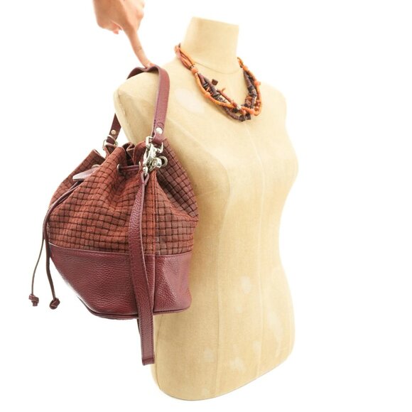 Bucket Bag Burgundy Made in Italy Woven Suede Leather Cinch BORSE In PELLE Purse - Picture 3 of 8